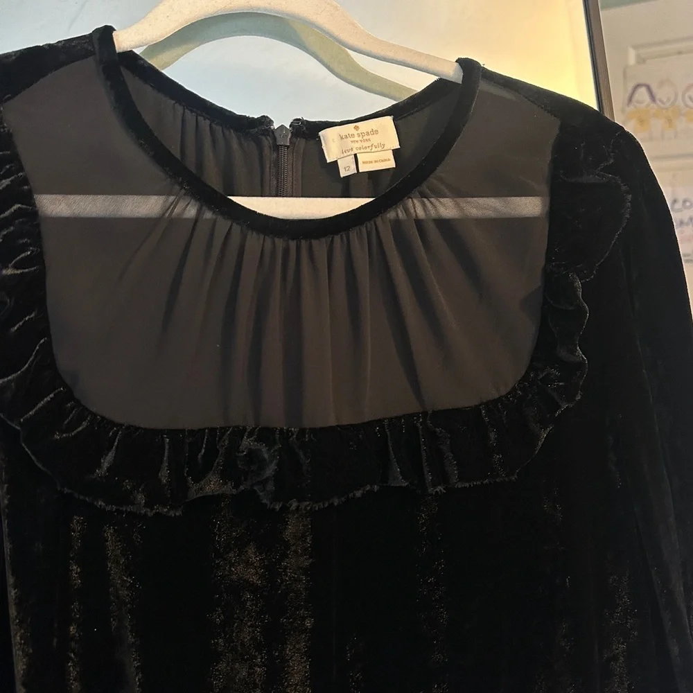 Kate Spade New York Black Sheer Panel Ruffle Trim Velvet Romper (missing belt)